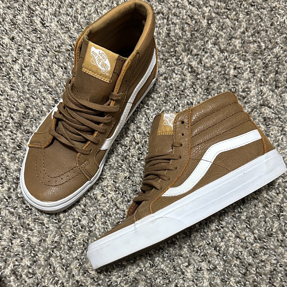 Vans Brown and White High-Top Leather Sneakers